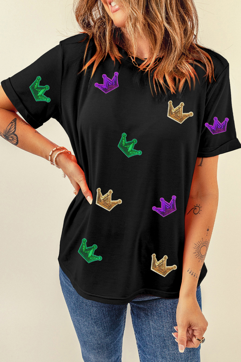 Black Mardi Gras Crown Patched Graphic T Shirt