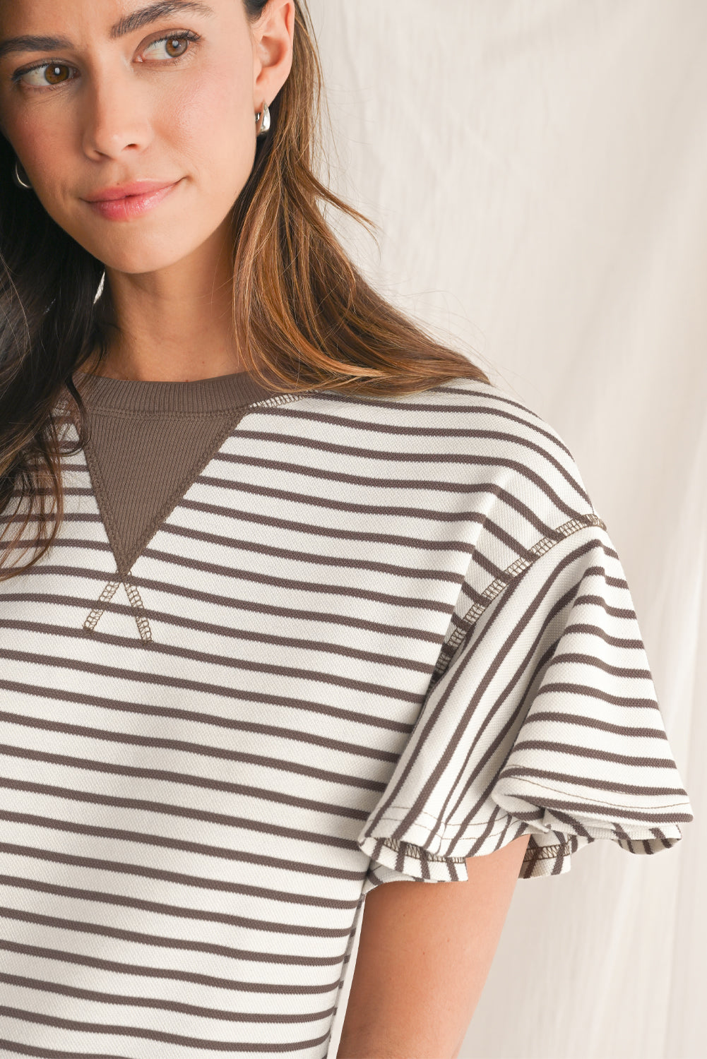 Parchment Striped Ruffle Sleeve Round Neck Top