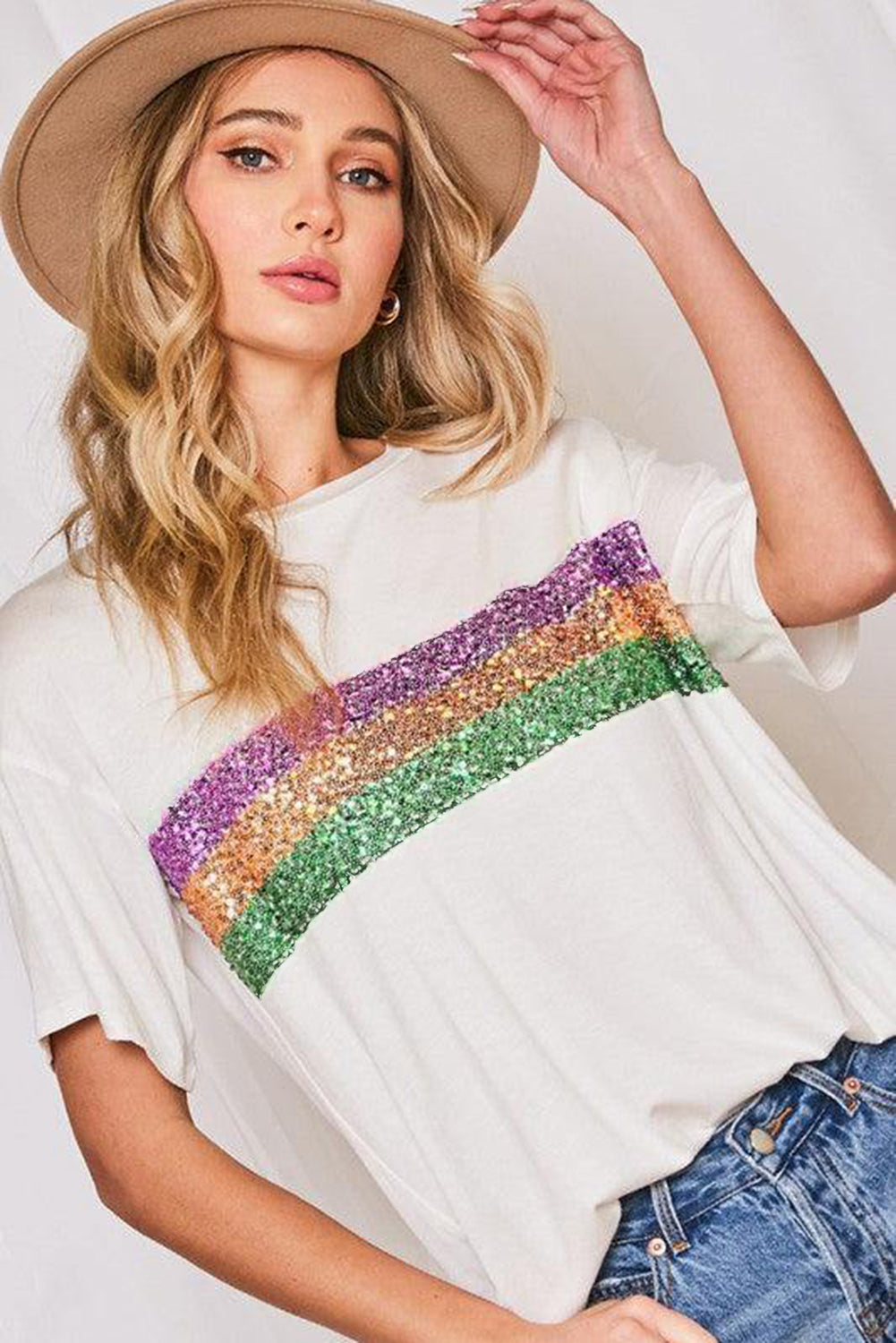 Black Colorblock Sequin Mardi Gras Crewneck T Shirt