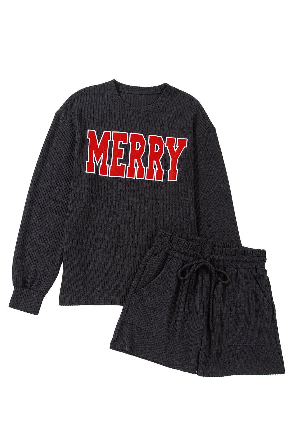 Black Corded MERRY Long Sleeve Top and Shorts Pajama Set