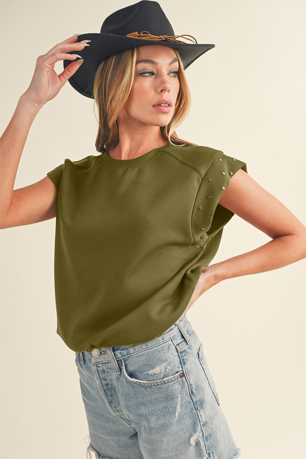 Guacamole Green Casual Rivet Round Neck T Shirt