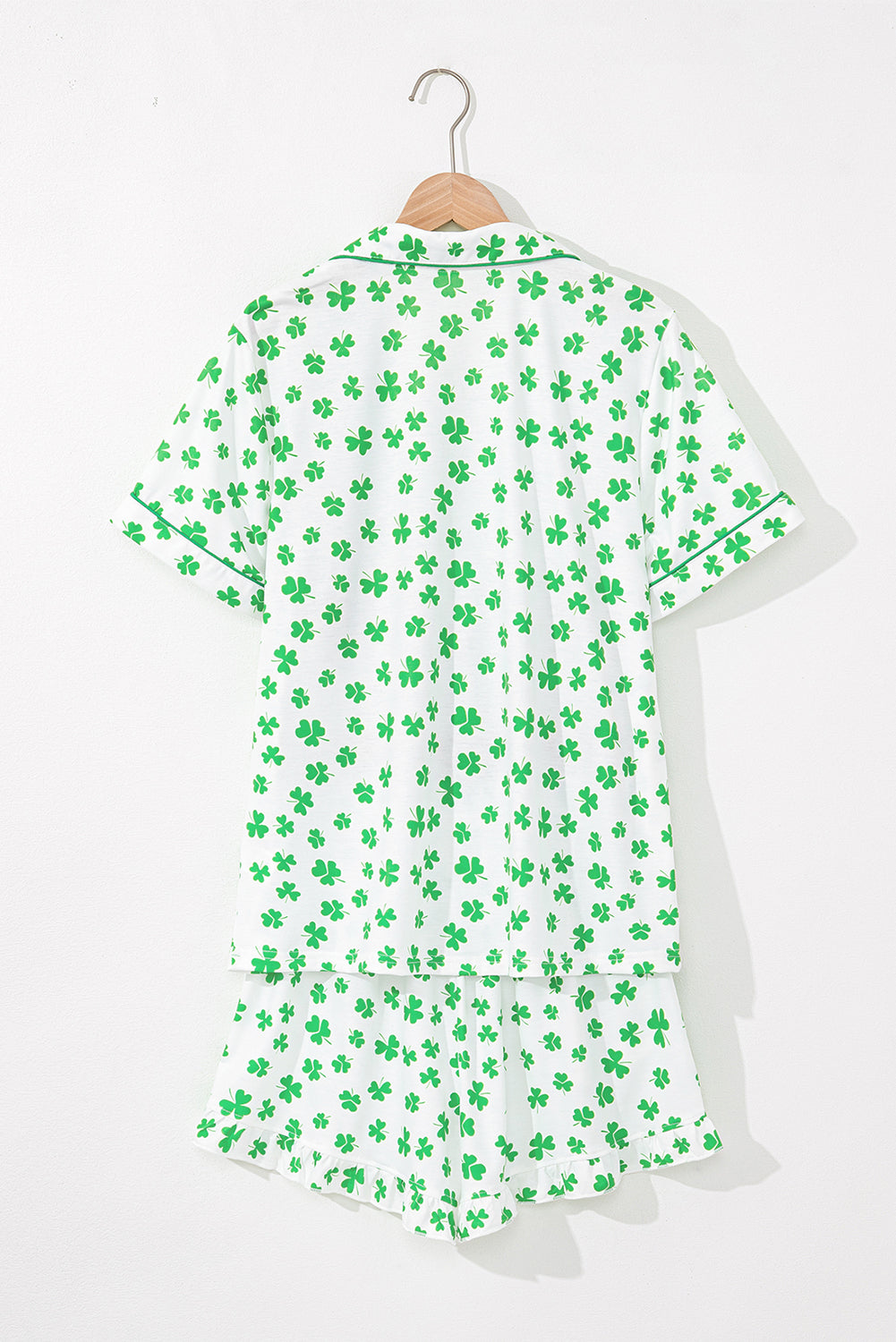 Green St Patricks Day Clover Print Shirt and Ruffle Hem Shorts Pajama Set