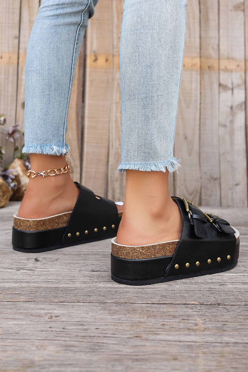 Chestnut Dual Buckle Studded Vintage Platform Slides Shoes