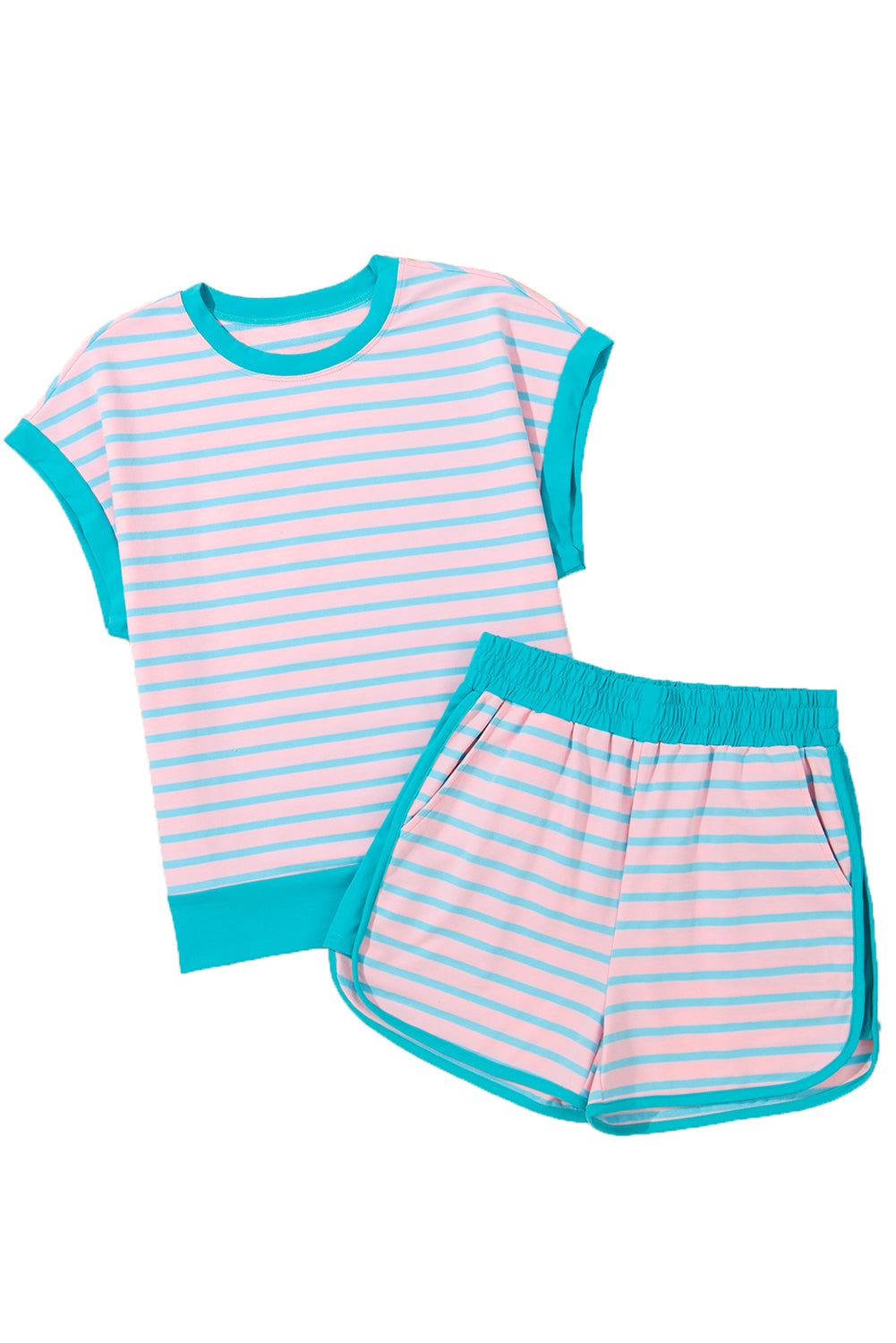 Pink Stripe Colorblock Cap Sleeve Tee & Shorts Set