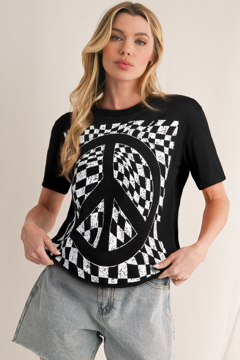 Black Checkerboard Peace Sign Printed Round Neck T Shirt