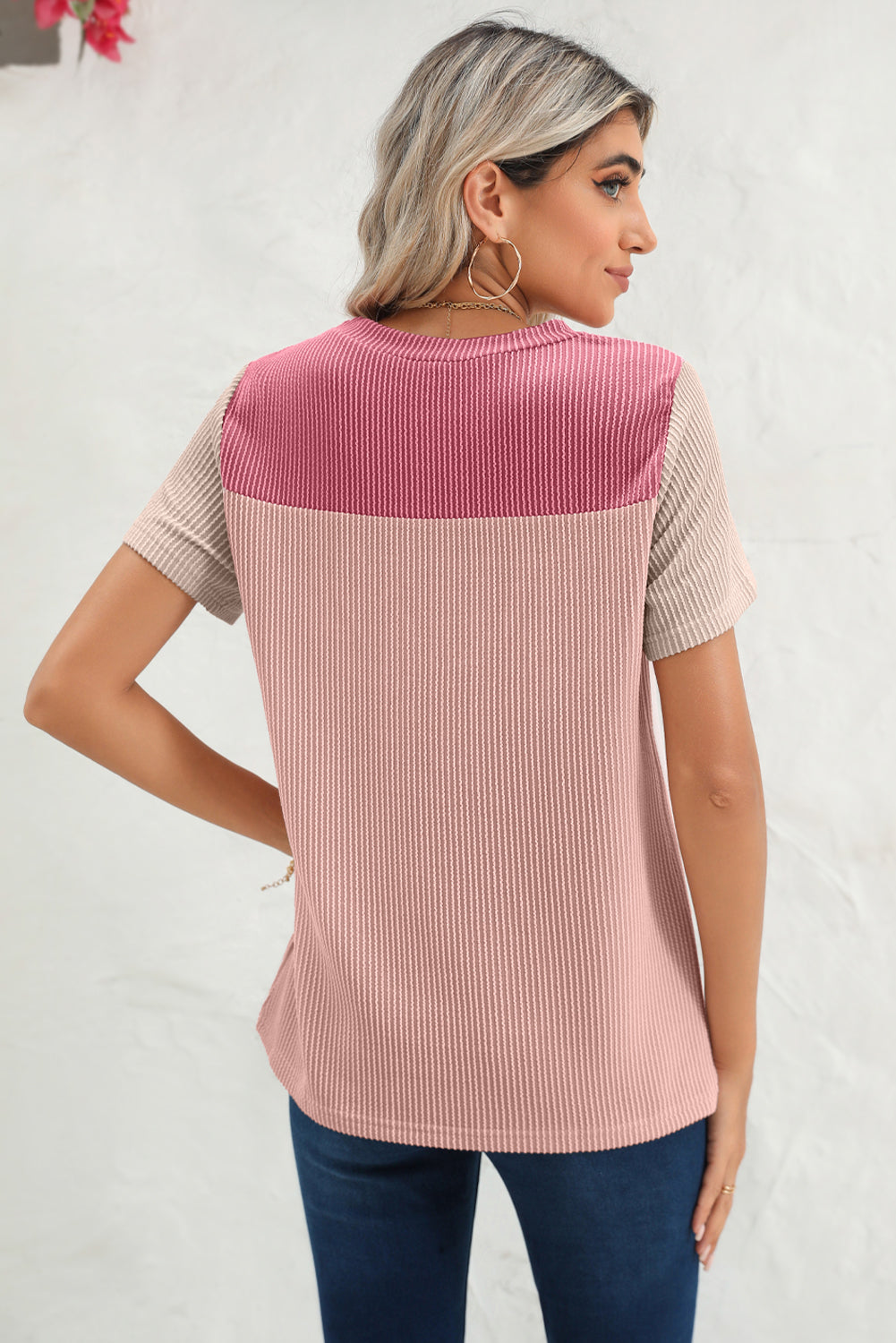 Pink Crinkle Rib Textured Colorblock T Shirt