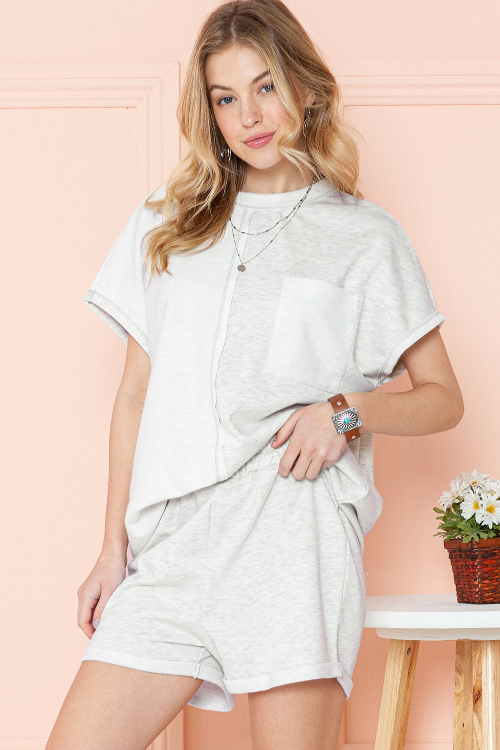 Khaki Exposed Seam Chest Pocket Tee and Shorts Set