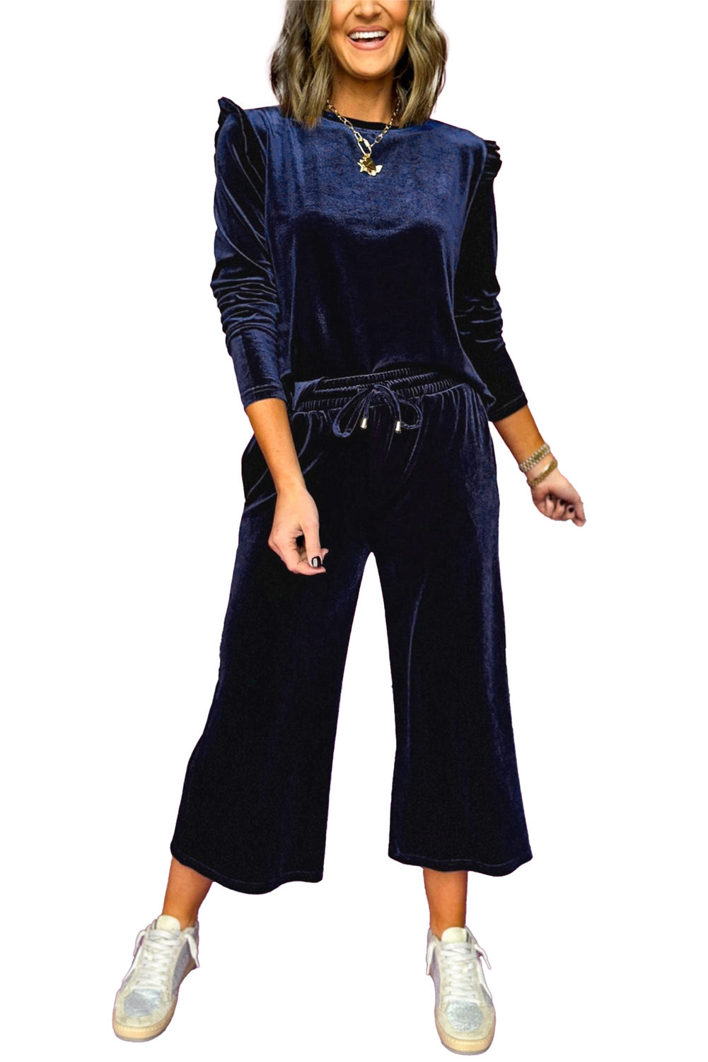 Navy Blue Velvet Ruffle Shoulder Wide Leg Pants Set