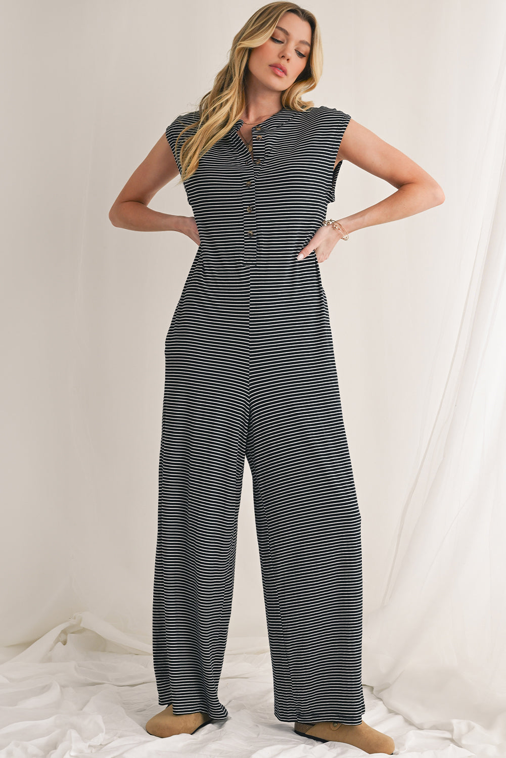 Black White Striped Button Sleeveless Jumpsuit