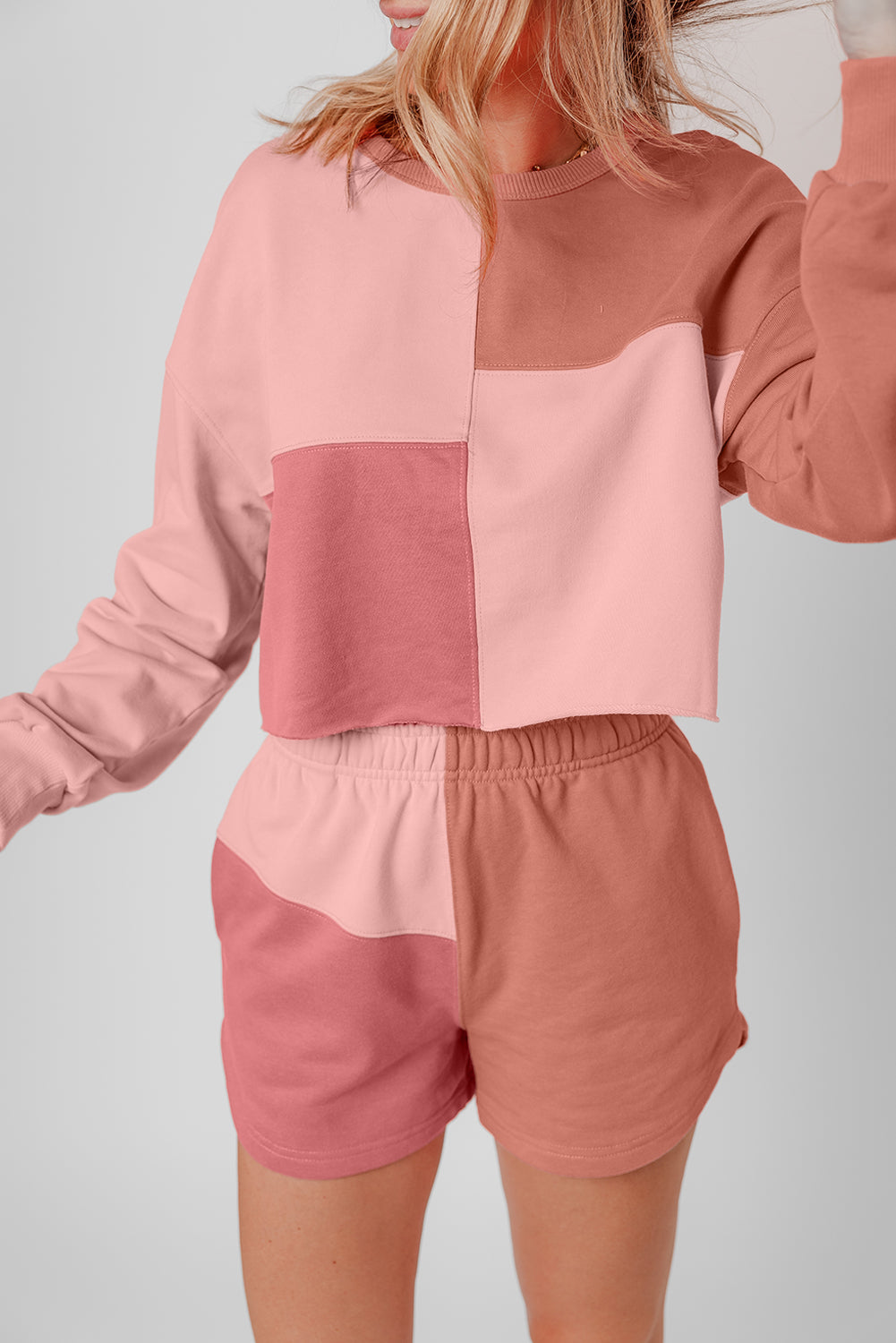 Peach Blossom Colorblock Long Sleeve Top & Pocketed Shorts Set