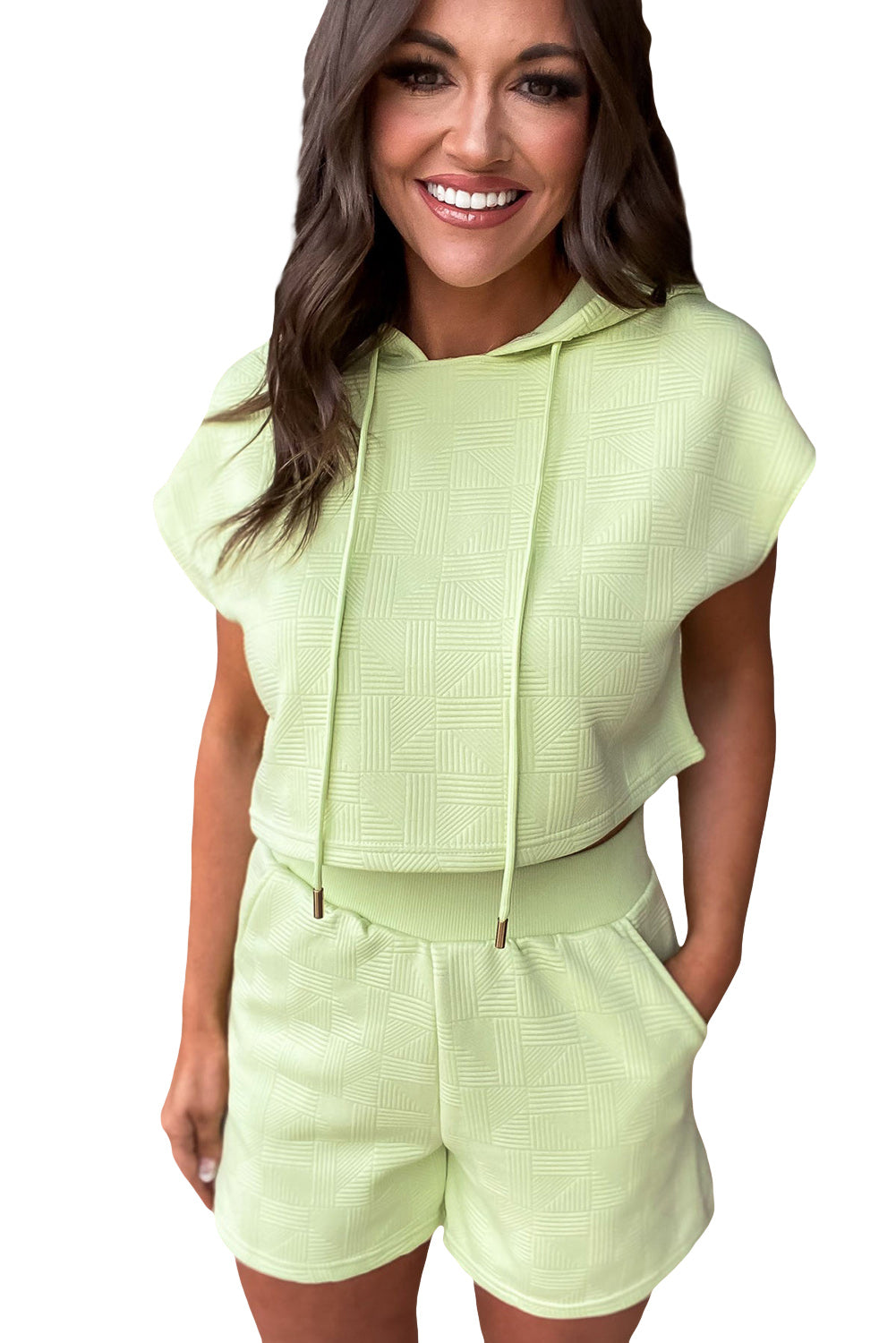 Meadow Mist Green Textured Cropped Hoodie and Shorts Set