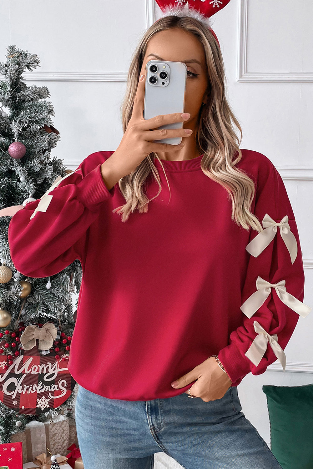 Myosotis Sweet Bowknot Round Neck Sweatshirt