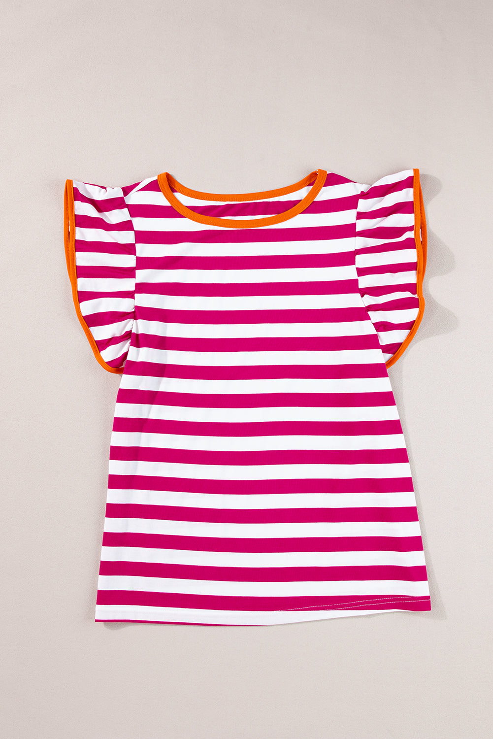 Rose Red Ruffle Sleeve Contrast Trim Striped Tee