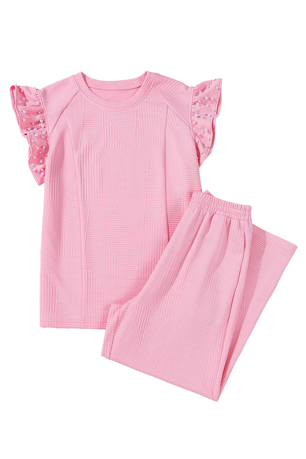 Pink Textured Pearl Ruffle Sleeve Wide Leg Two Piece Pants Set