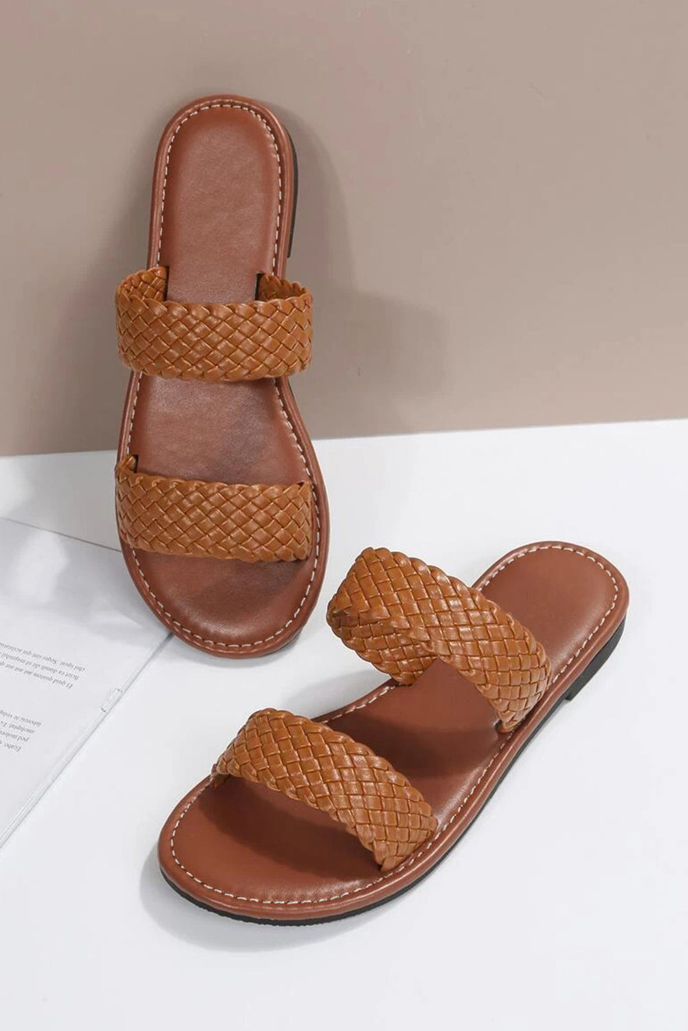 Chestnut Braided Double Band Leather Flat Slides Shoes