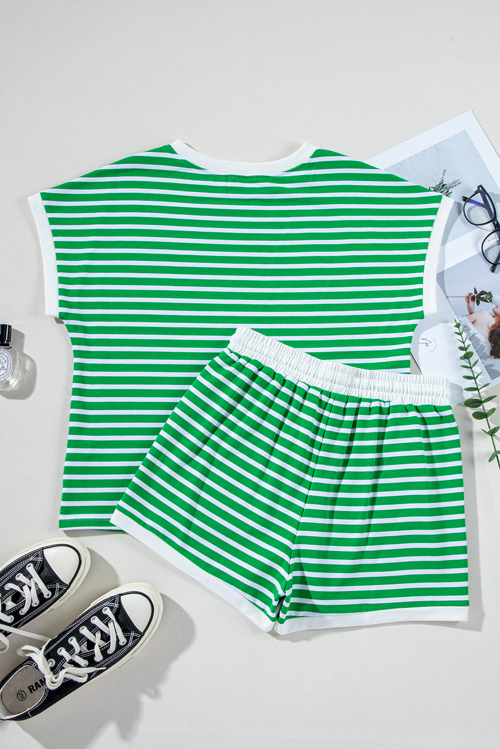 Dark Green Striped Short Sleeve Tee and Shorts Set