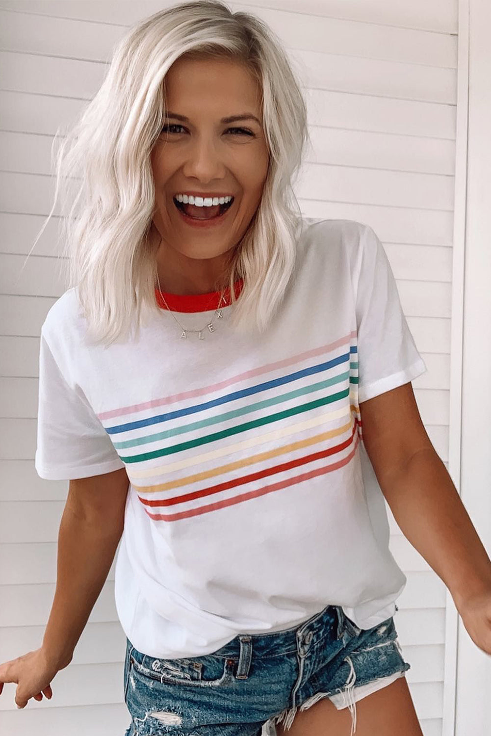 White Rainbow Stripe Print Crewneck T Shirt