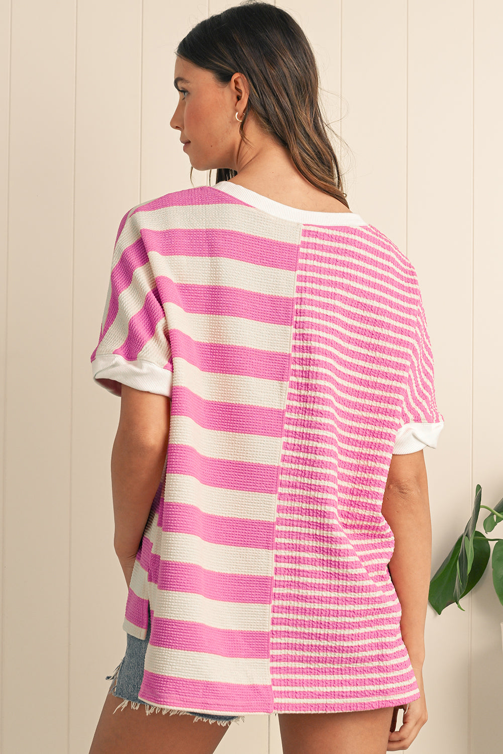 Pink Stripe Waffle Patchwork Short Sleeve High Low Loose T Shirt