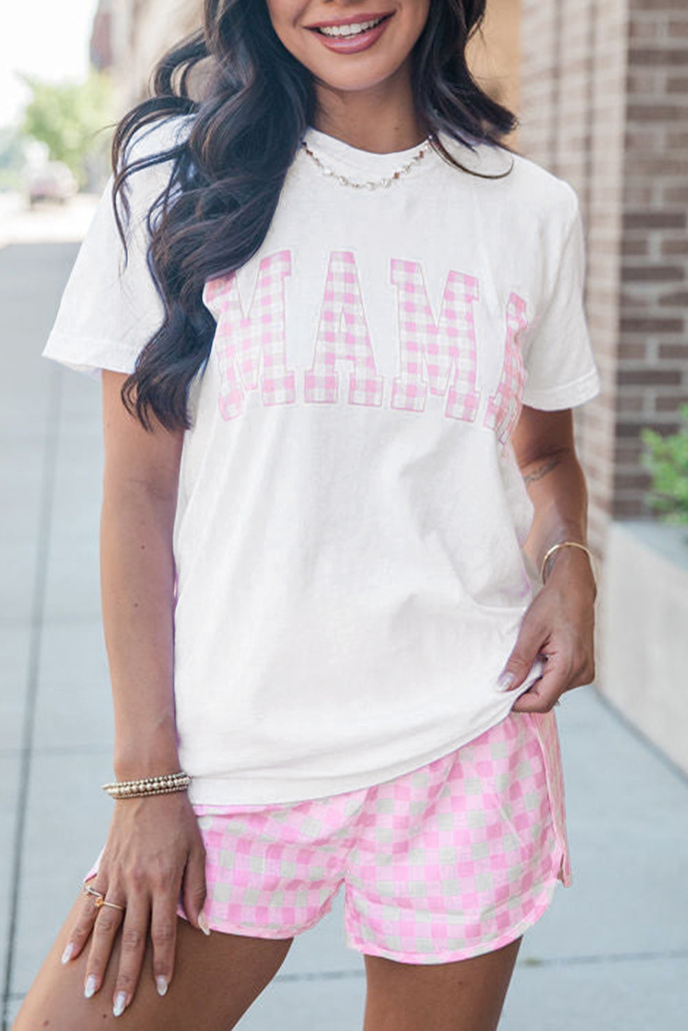 White MAMA Printed Tee and Plaid Shorts Set