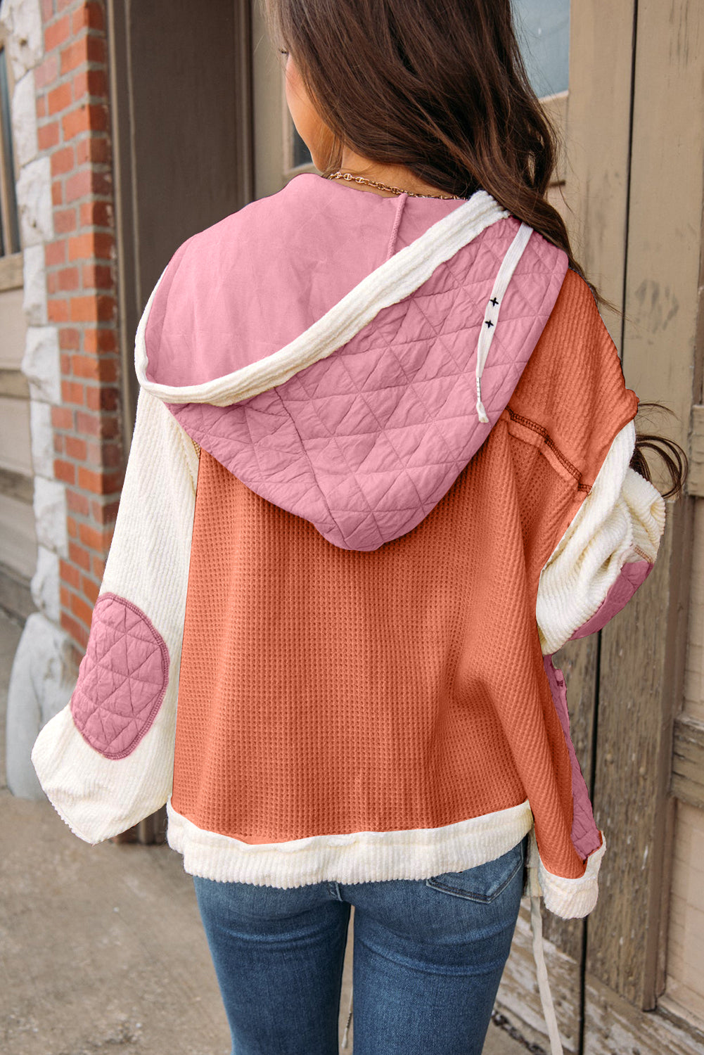 Beige Quilted Textured Patchwork Hooded Jacket