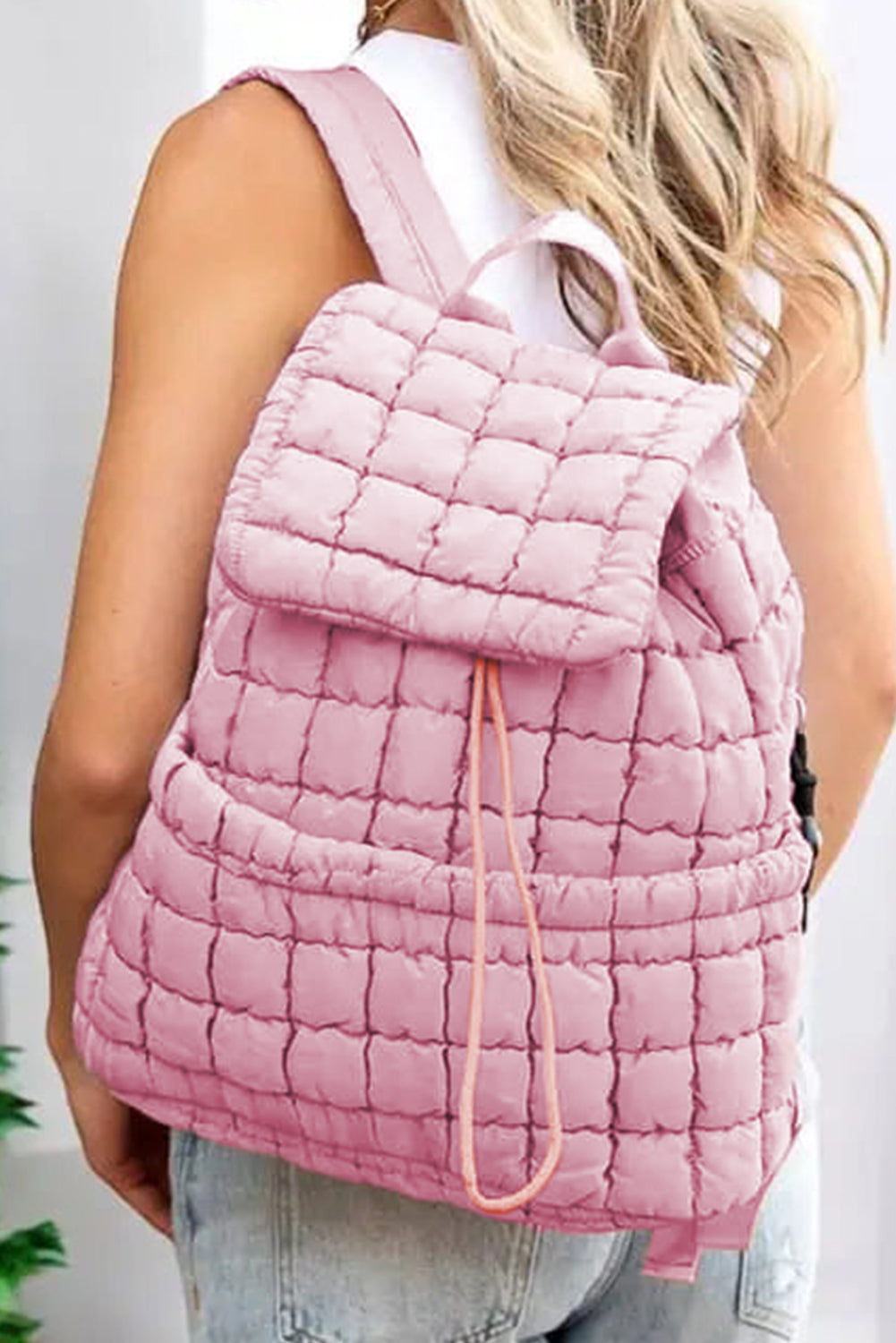 Coffee Solid Flapped Quilted Puffer Backpack