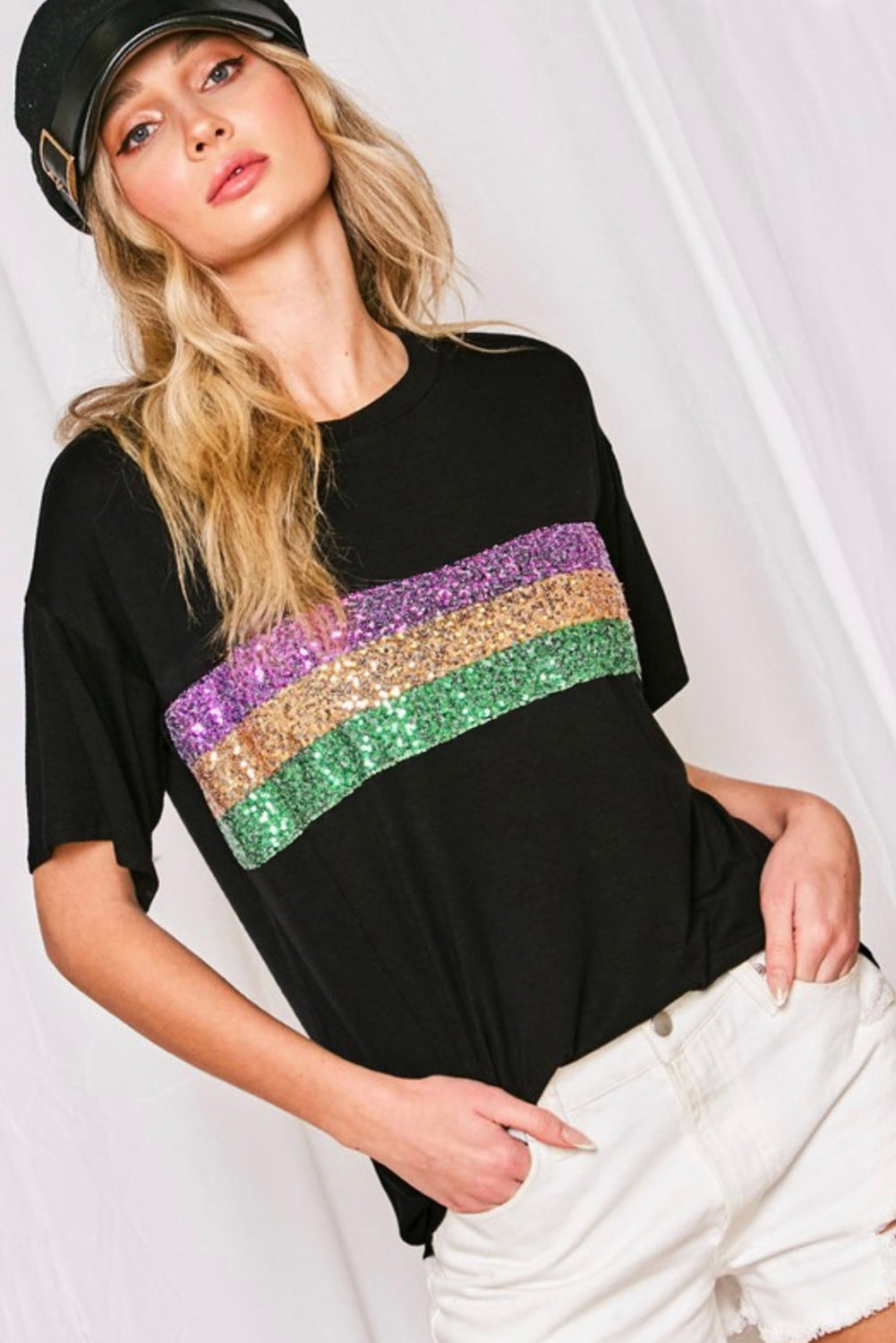 Black Colorblock Sequin Mardi Gras Crewneck T Shirt