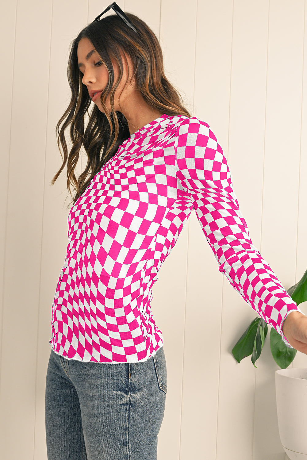 Black Checkered Pattern Mesh Long Sleeve Top