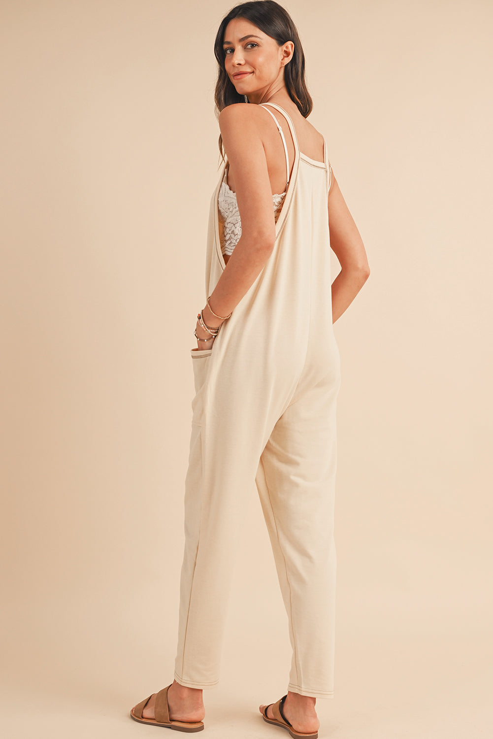 Apricot Solid Color Loose Fit Harem Jumpsuit