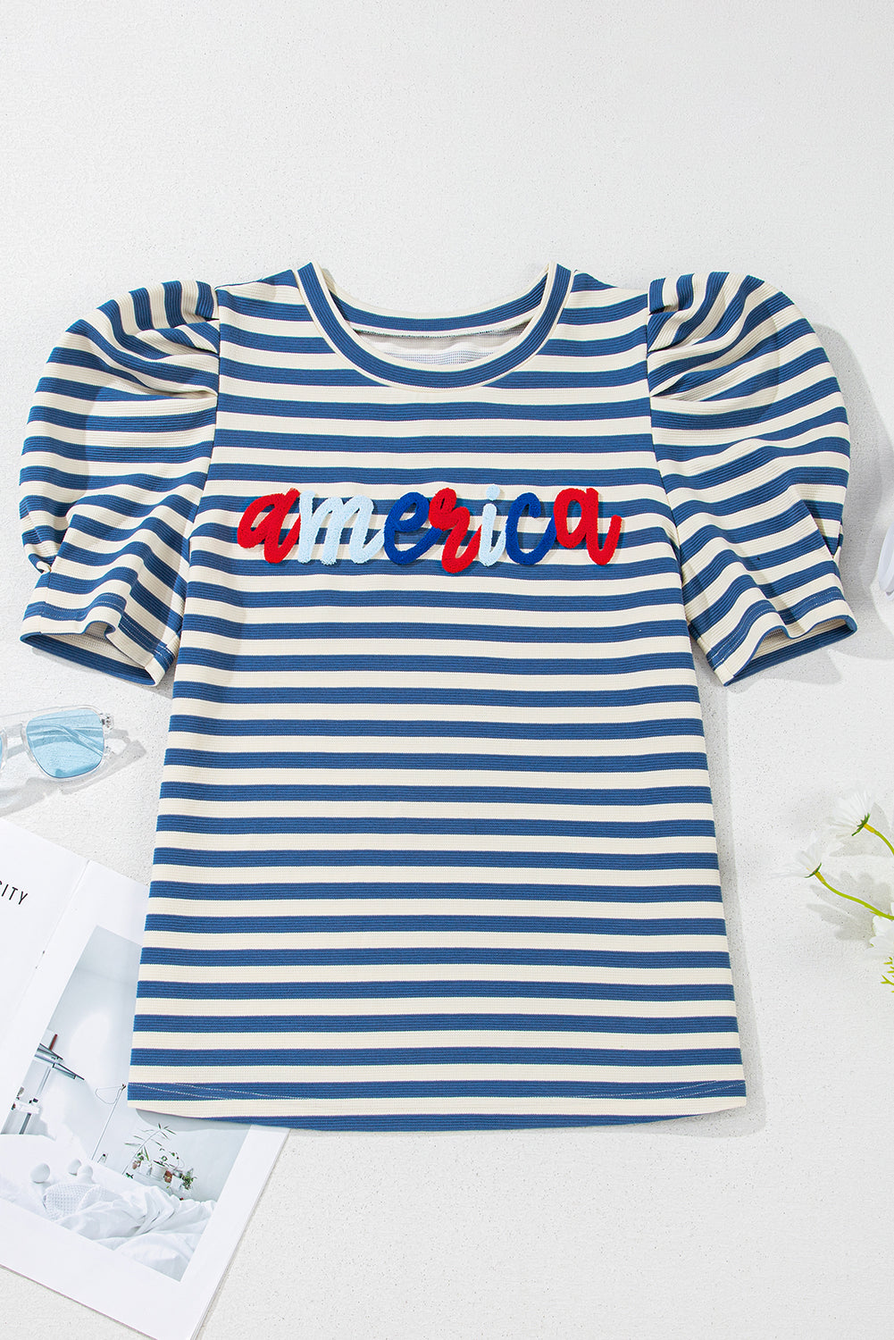 Blue Stripe america Letter Print Puff Sleeve T-shirt