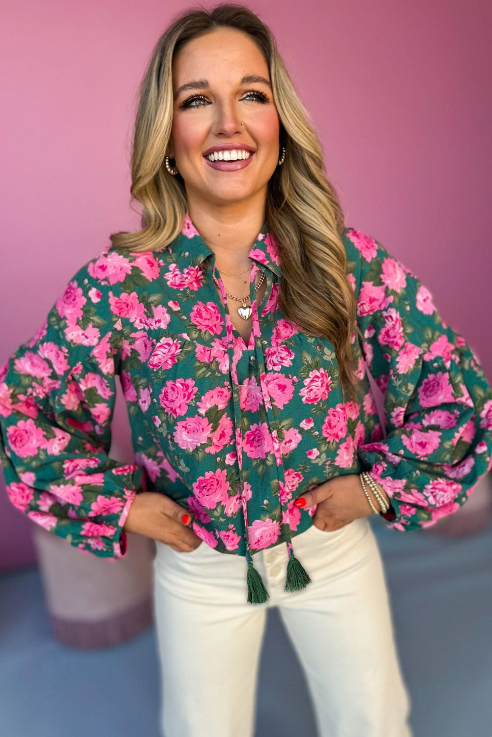 Green Floral Print Collared Puff Sleeve Blouse