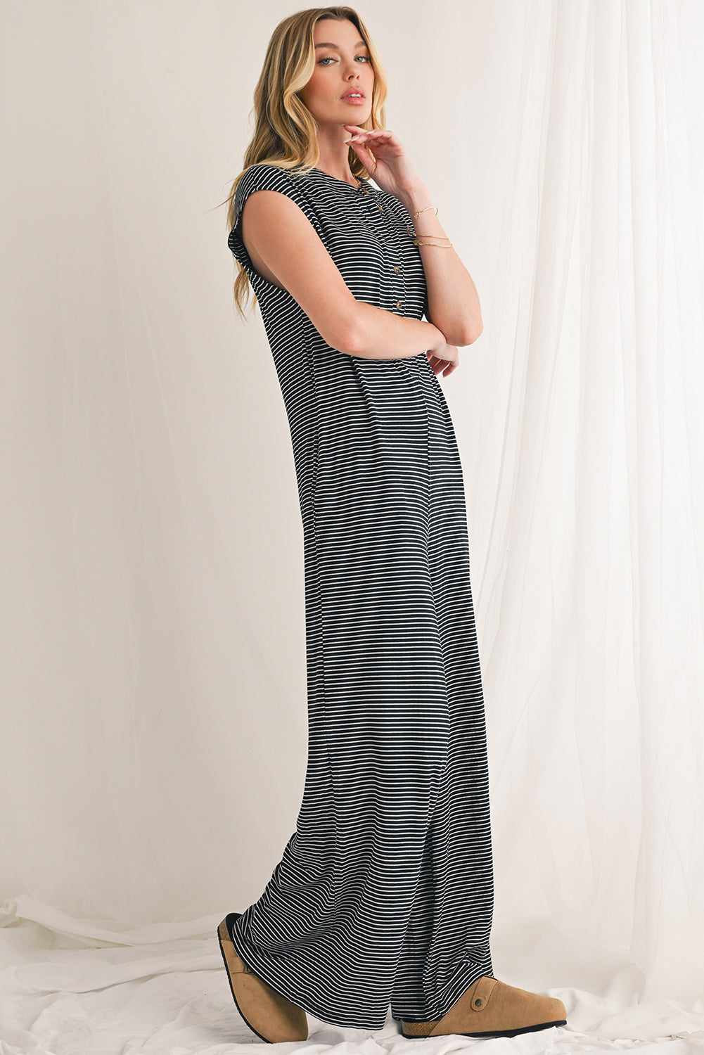 Black White Striped Button Sleeveless Jumpsuit