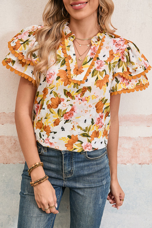 Russet Orange Floral Frill V-Neck Scallop Trim Boho Blouse