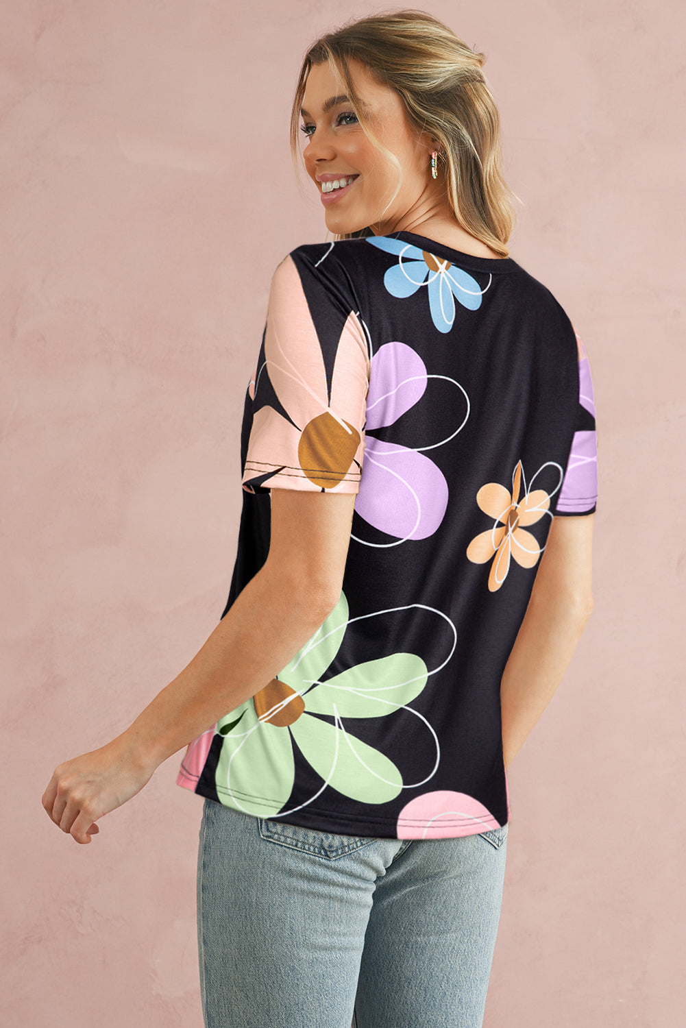 Beige Summer Flower Print Round Neck T Shirt