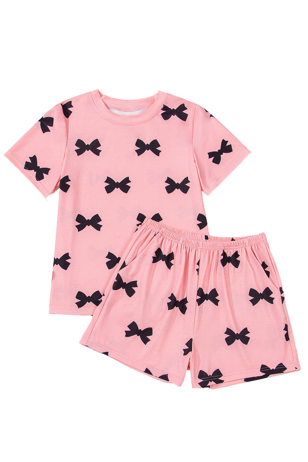 Pink Allover Bow Print Pockets Cropped Pajama Set