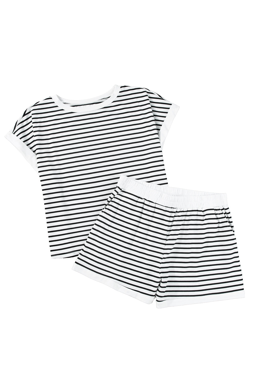 White Stripe Contrast Trim Rib Tee and Pocketed Shorts Set