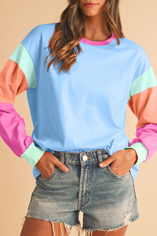 Dark Blue Color Block Sleeve Loose Fit Top