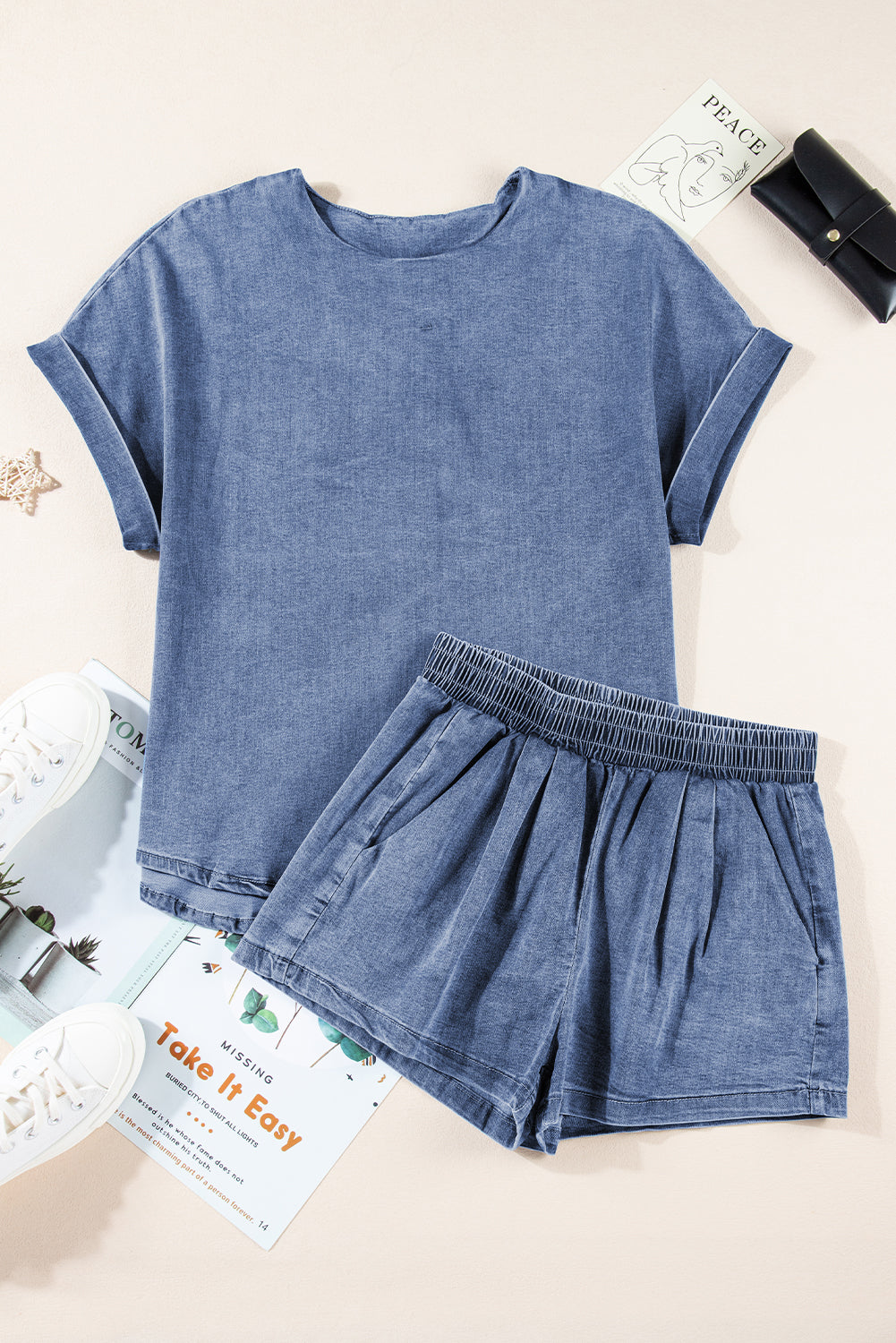 Light Blue Denim Loose Fit Tee and Shorts Set