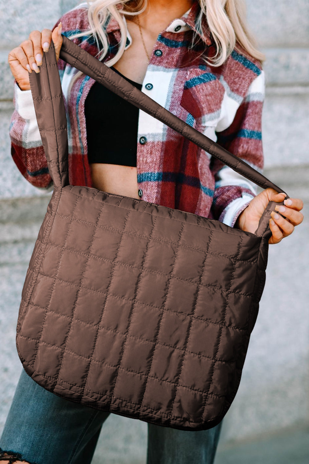 Black Quilted Zipper Large Shoulder Bag