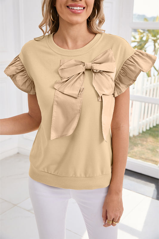 Parchment Ribbon Bow Ruffle Sleeve Round Neck Top