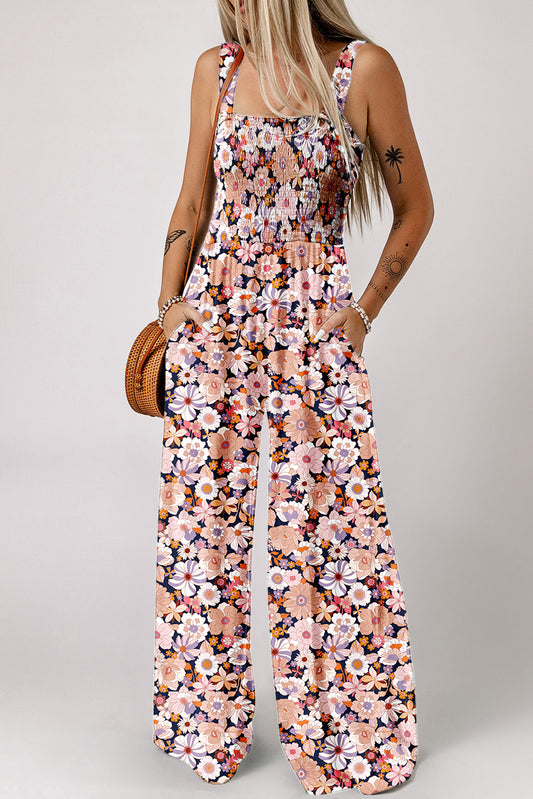 Black Floral Square Neckline Stretch High Waist Jumpsuit