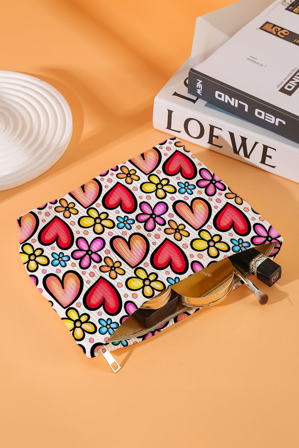 Fiery Red Flower Heart Print Corduroy Makeup Bag