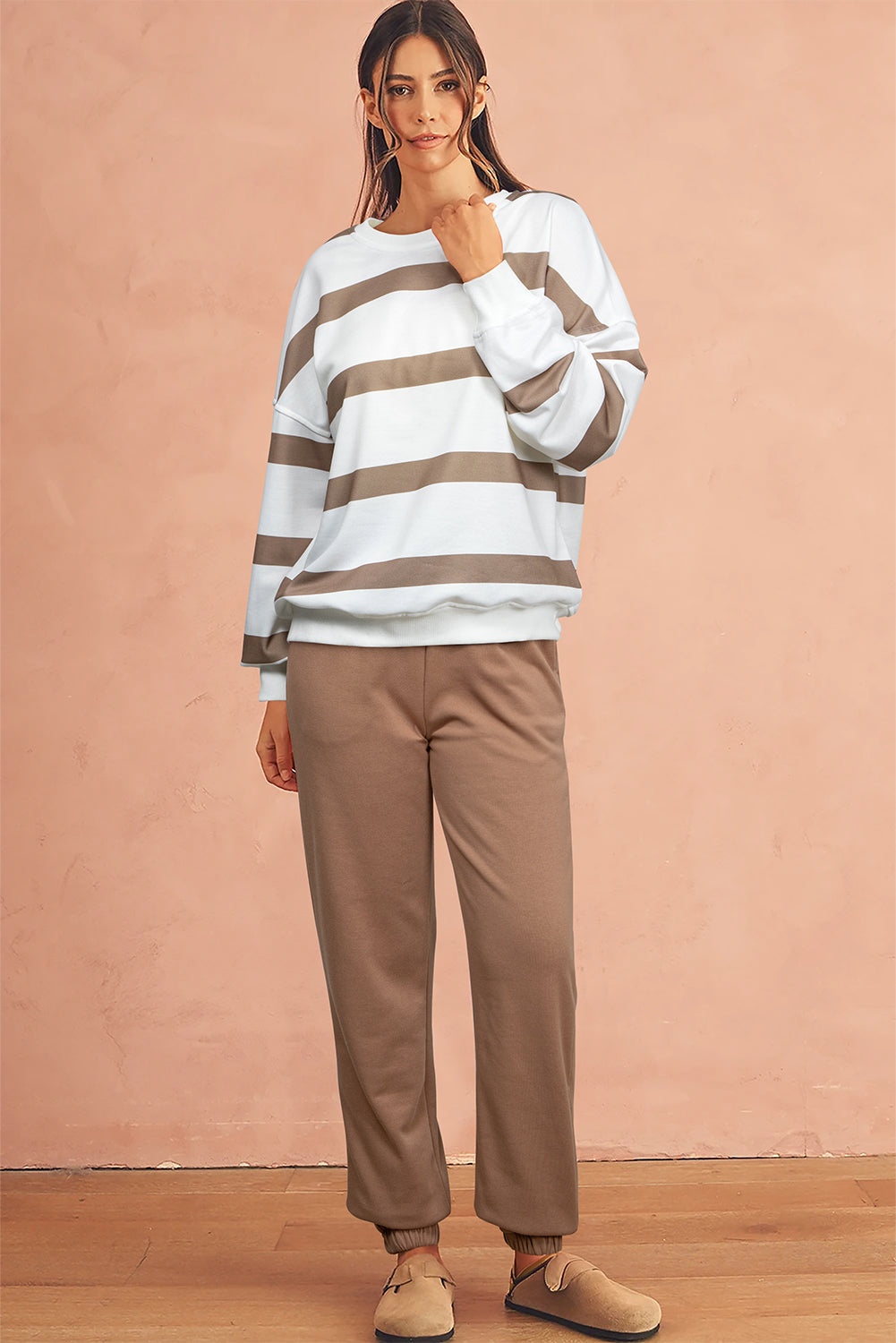 Black Striped Drop Shoulder Pullover and Joggers Set