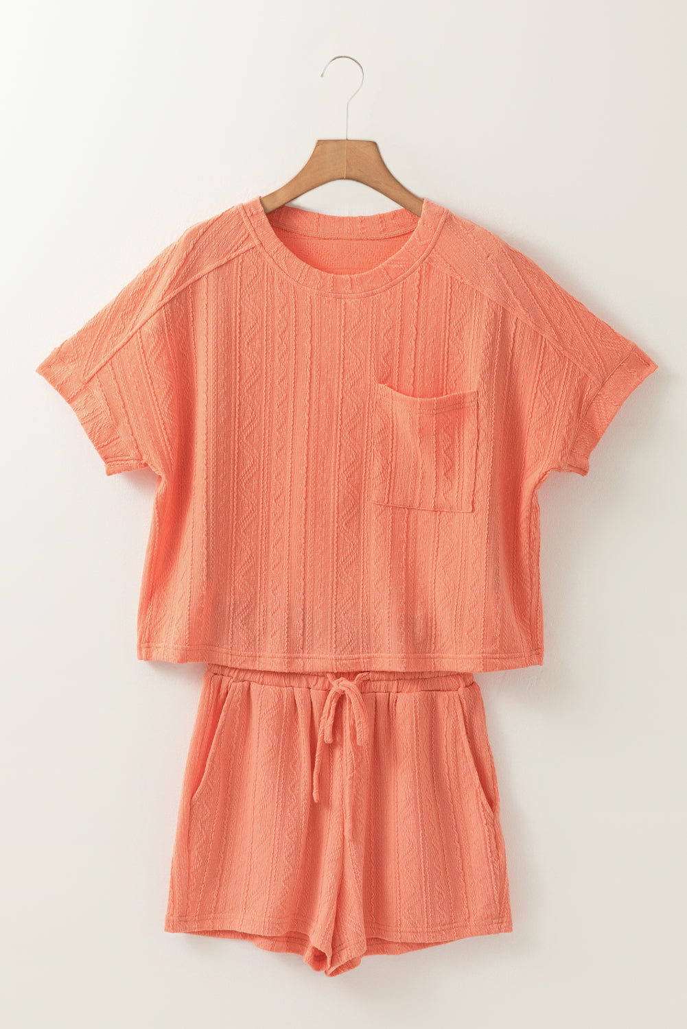 Jet Stream Textured Patched Pocket Short Sleeve Top and Drawstring Shorts Set