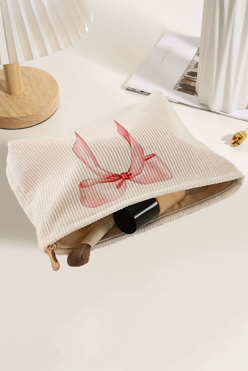 Light Pink Bow Zipper Corduroy Makeup Bag