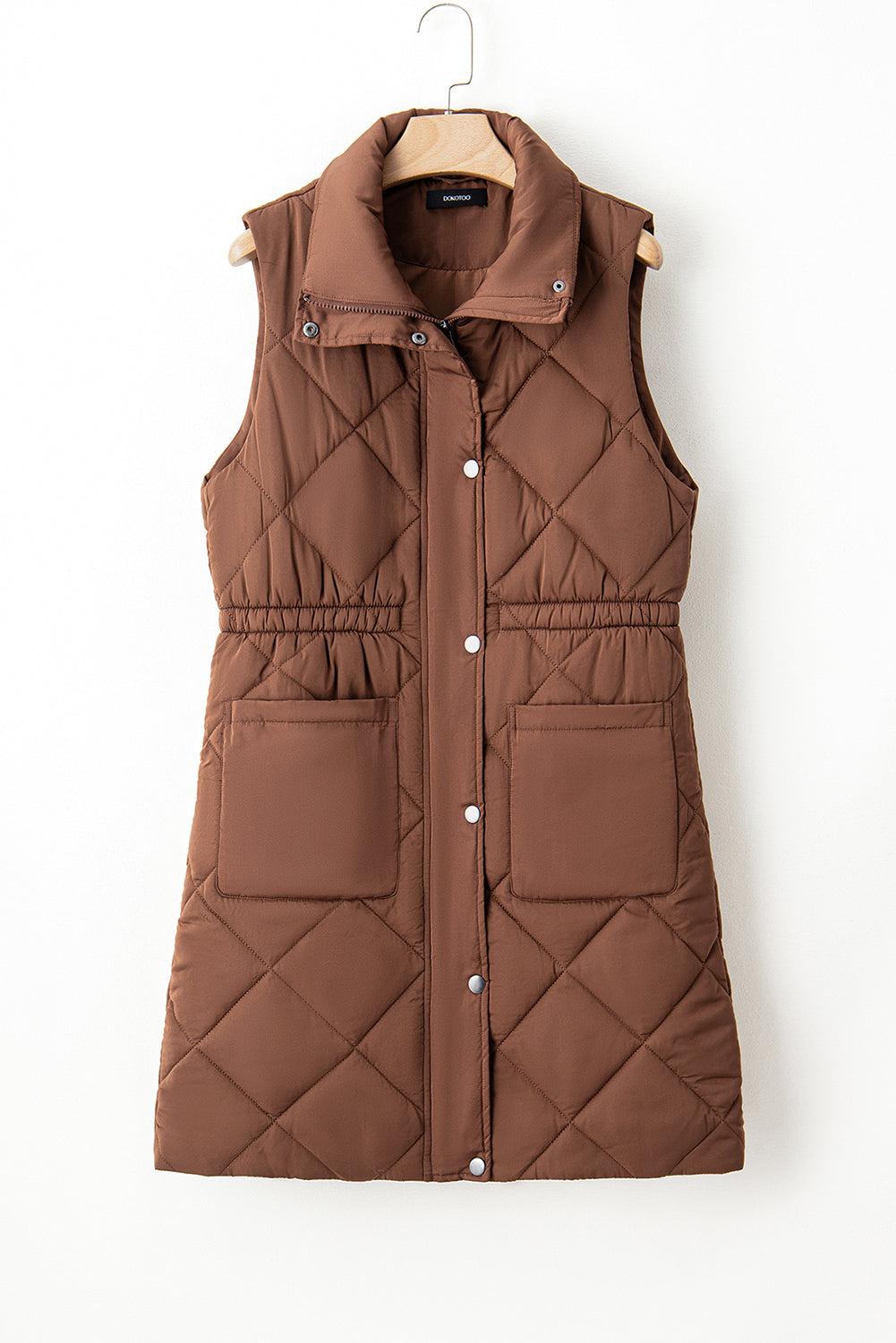 Coffee Puffer Quilted Stand Collar Pocketed Vest Coat