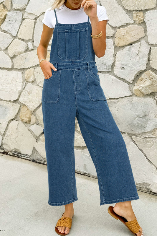 Dusk Blue Adjustable Tie Straps Cropped Wide Leg Casual Denim Overalls