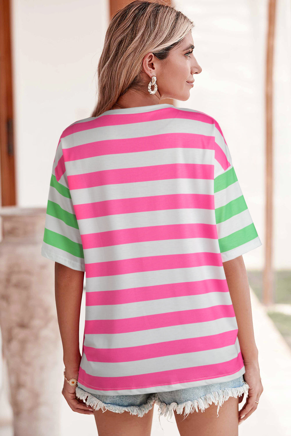 Pink Stripe Patch Pocket Drop Sleeve Slits T Shirt