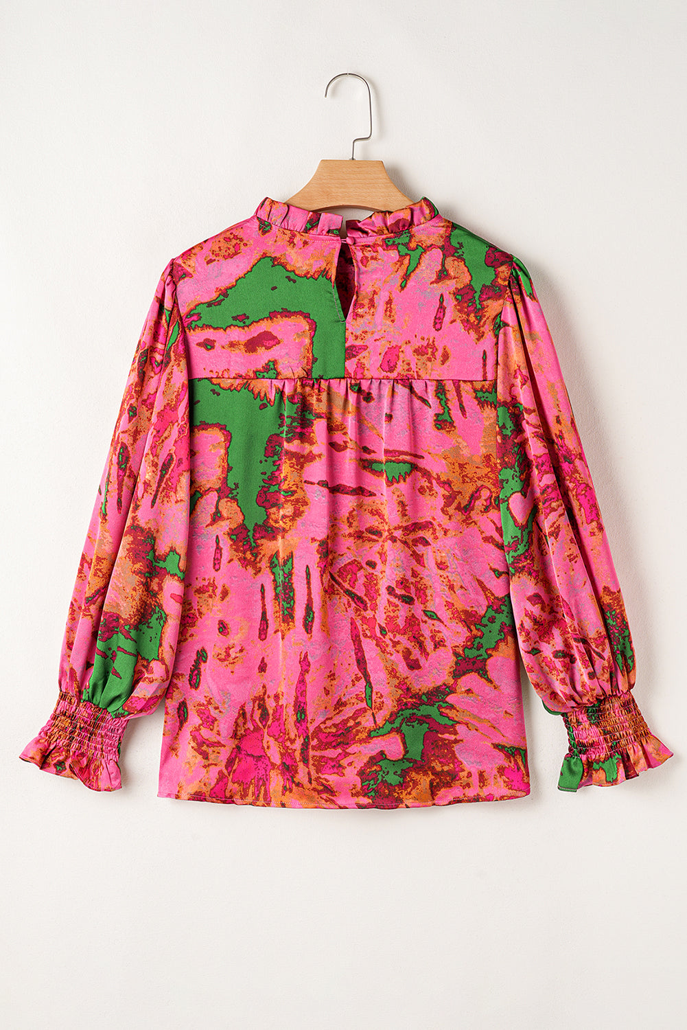 Rose Abstract Print Frill Neckline Smocked Puff Sleeve Blouse