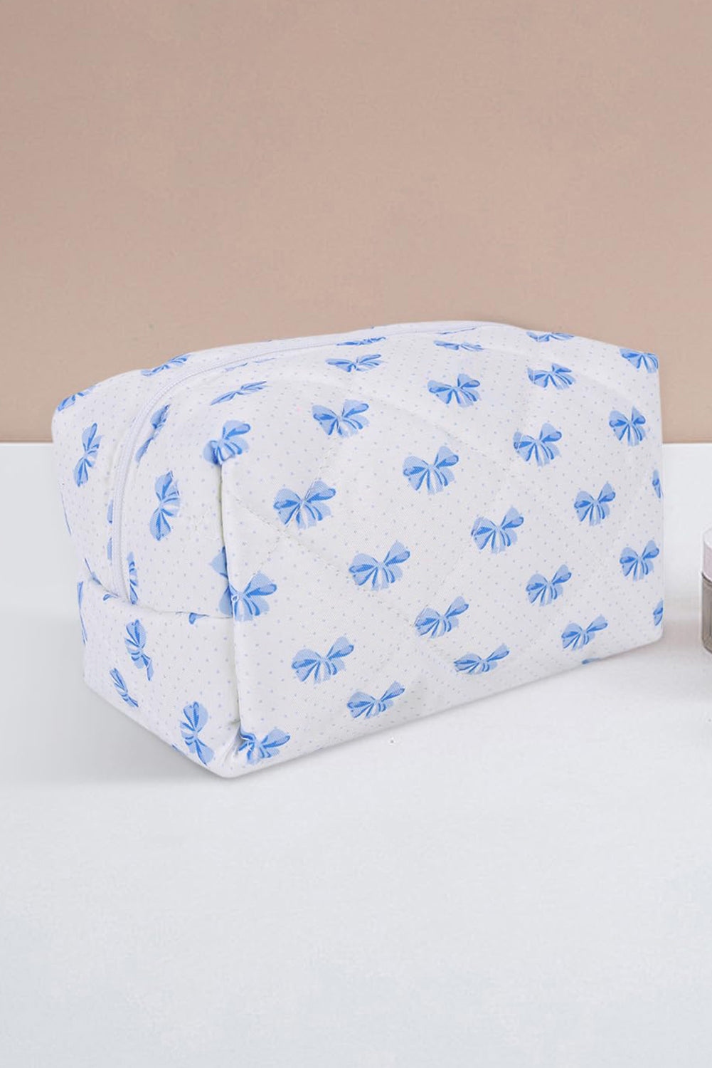 Sky Blue Sweet Bowknot Quilted Zipper Makeup Bag