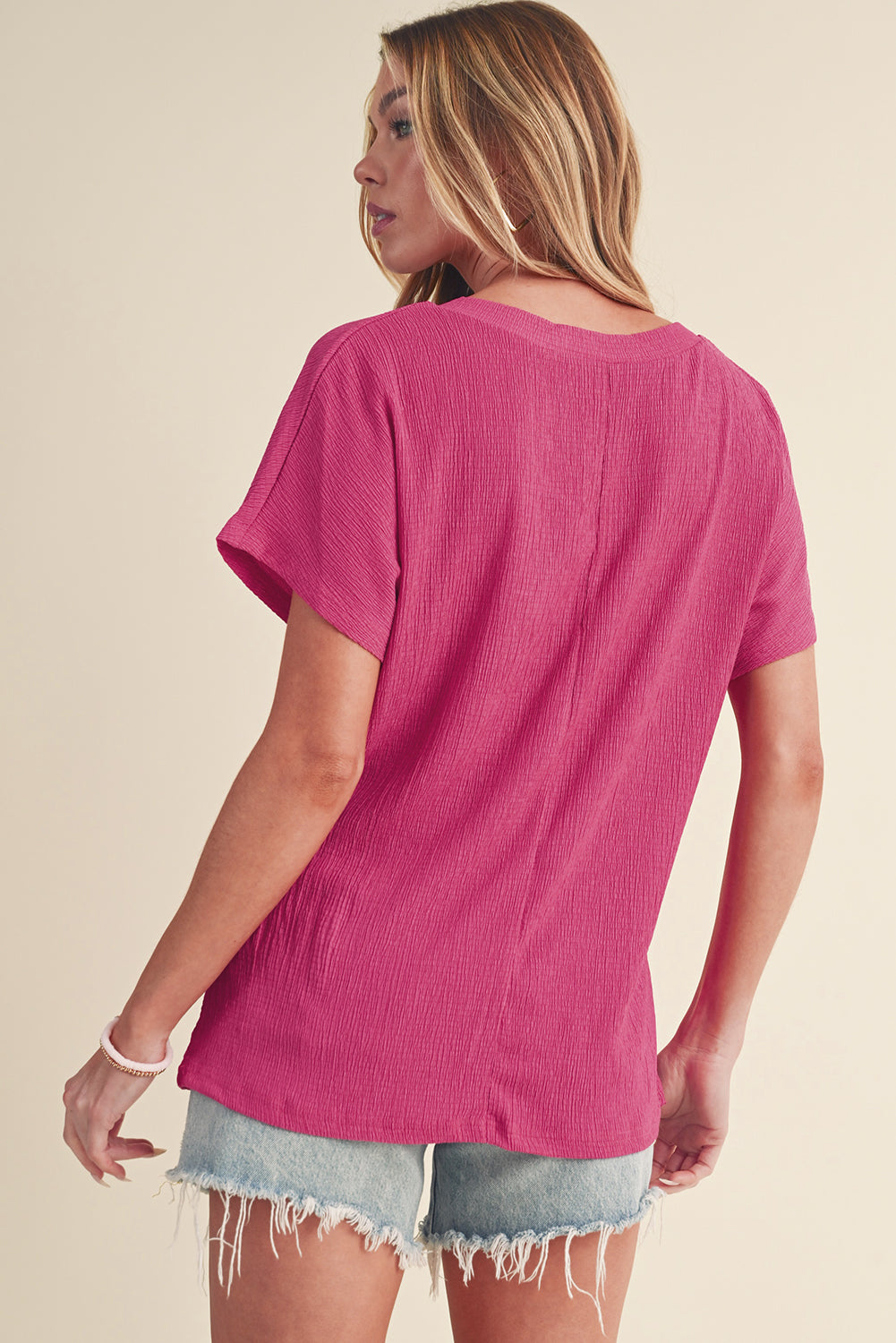 Bright Pink Basic Plain Textured V Neck T Shirt